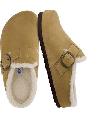 Plush-Lined Suede Slip-On Clog Mule - Tan